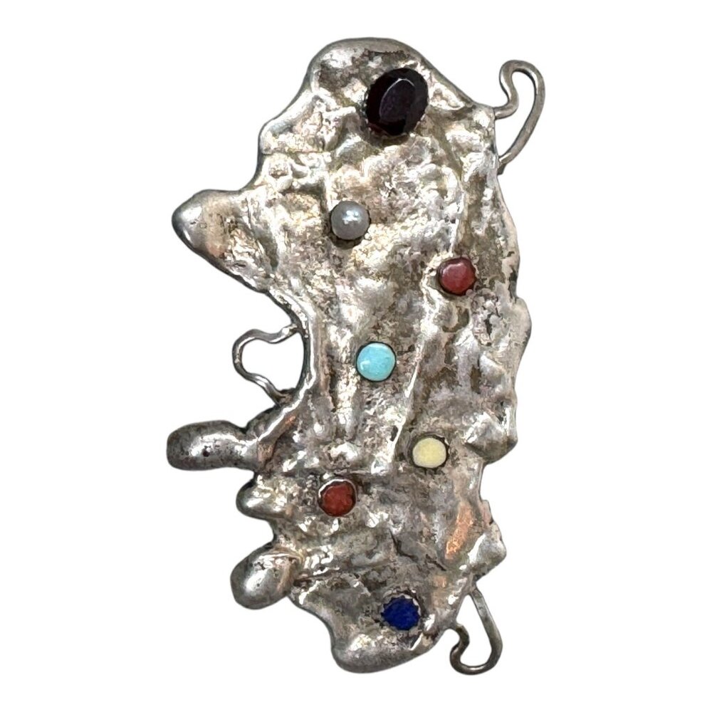 Vintage Amoeba Brustalist Artisan Silver Sculptural Pendant Turquoise Lapis +